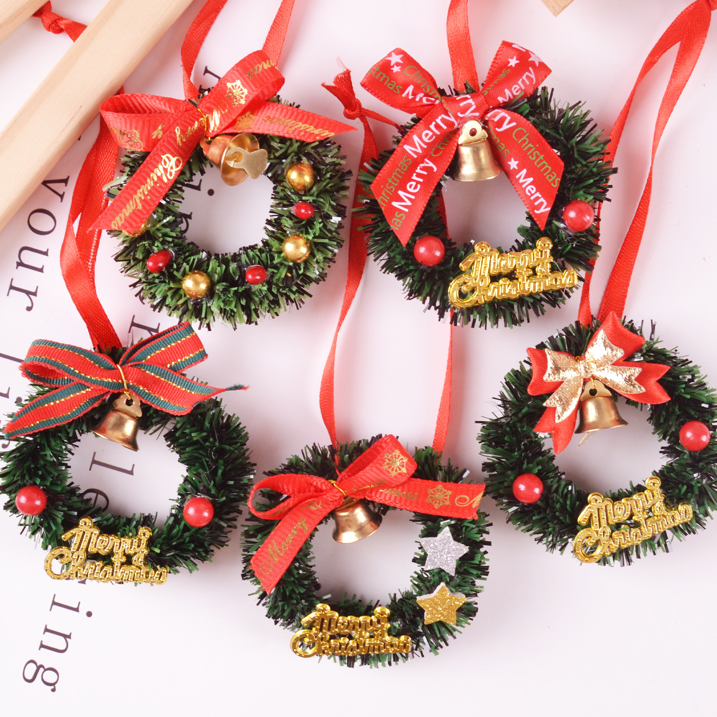 圣诞草圈挂绳花环烘焙包装饰品圣诞节铃铛松果门框汽车挂件插牌