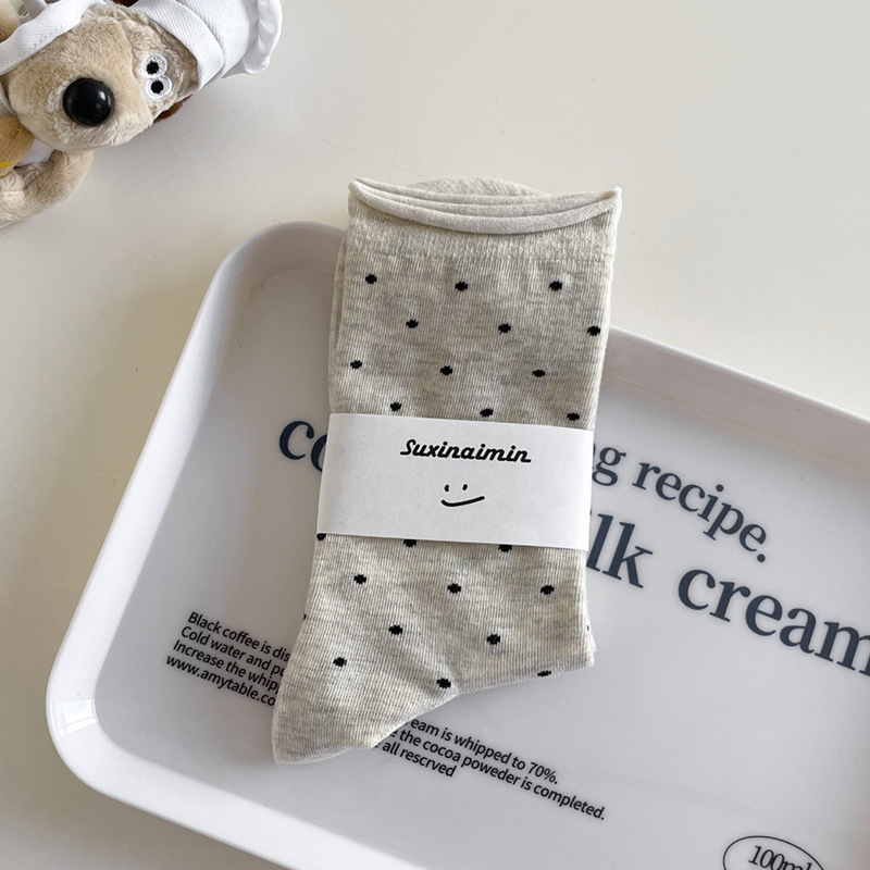 suxinaimin ソックス レディース 春と秋 吸汗性 インズ トレンド クリーム カールドット ミッドカーフソックス 文学産後ソックス|undefined