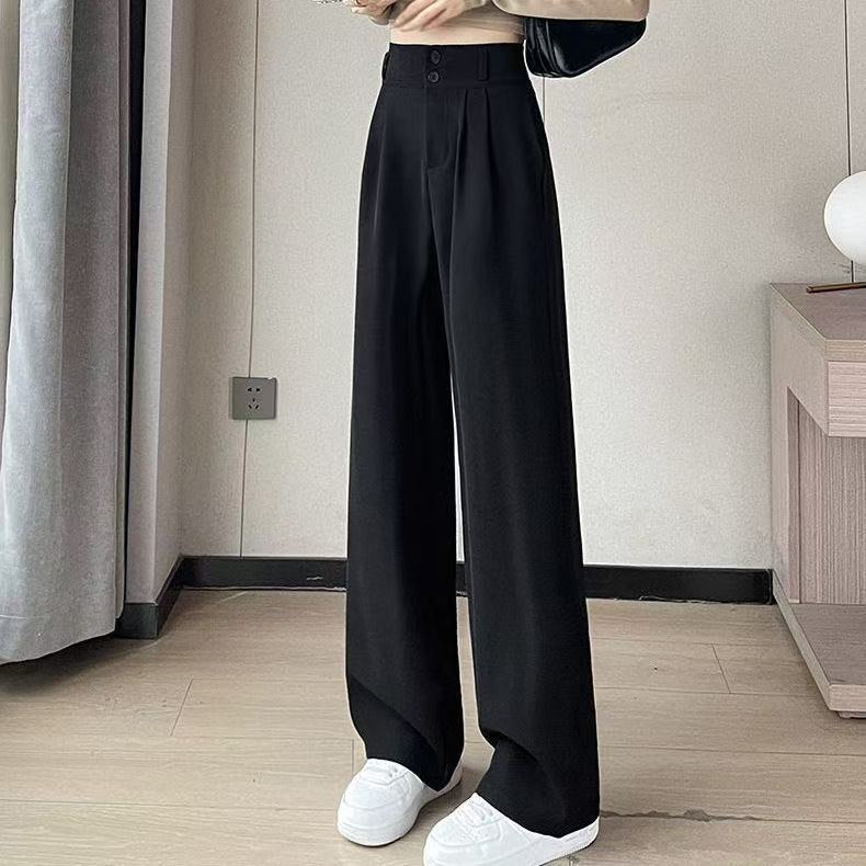 夏の新しいスリムで狭いワイドレッグパンツ、女性用、多用途のスーツパンツ、ゆったりとしたカジュアルなドレープのブラックストレートパンツ|undefined