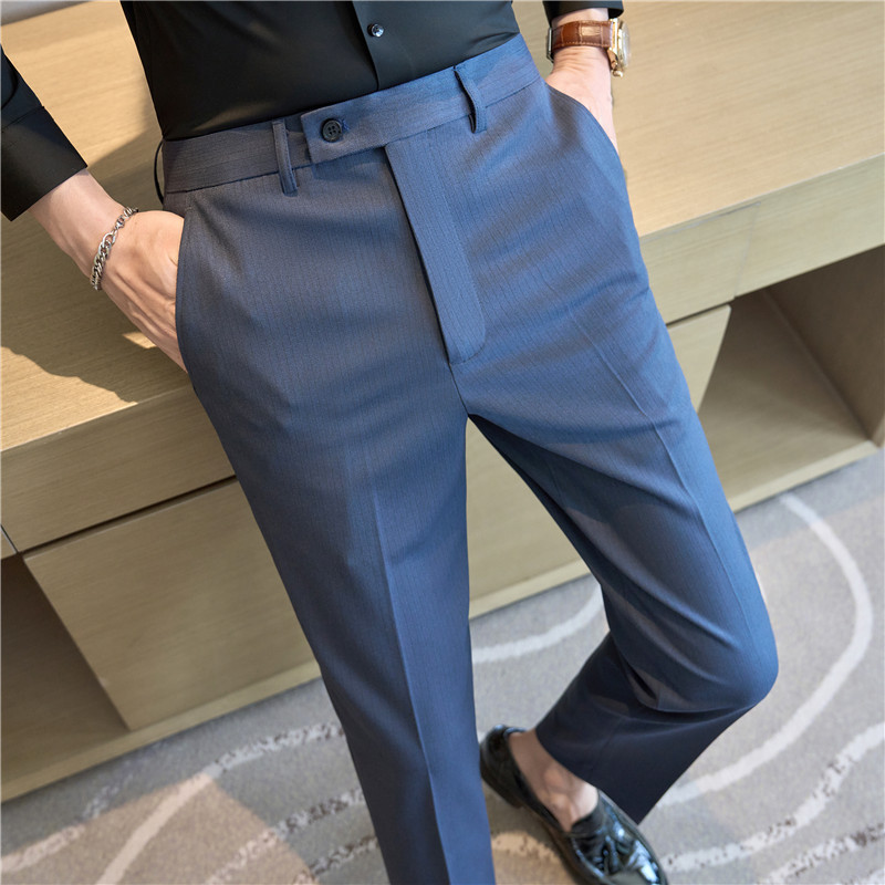 Textured Pinstripe Suit Pants Men's Casual Pants Stretch Slim-Fit Small Foot Suit Trousers XK8032