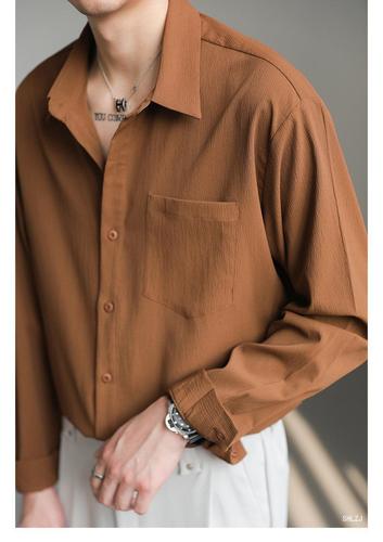 Lightly Matured Korean-style Trendy & Handsome Long-Sleeve Shirt | Men's Loose-Fit Casual Solid-Color Non-Iron Shirt for Spring and Autumn Tops