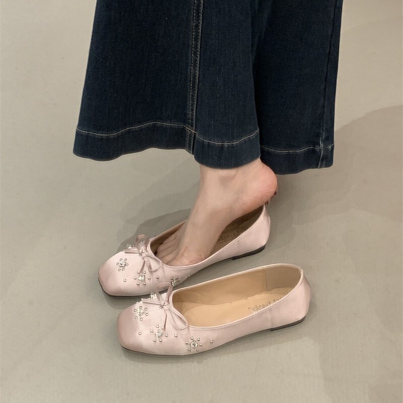 Pink Rhinestone Bow Flat Ballet Shoes for Women, 2026 Spring New Style Slip-On Shallow Satin Flats