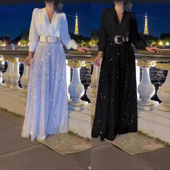 Cross-Border New Women's Prom Sequin V-Neck Loose Elegant Long Sleeve Party Elegant Evening Dress (2 Colors)
