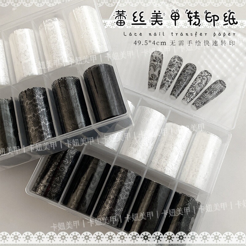 Nail Art Transfer Paper Bella Same Style Black and White Lace Starry Sky Sticker Decal Ins Style Long-Lasting Set Wholesale