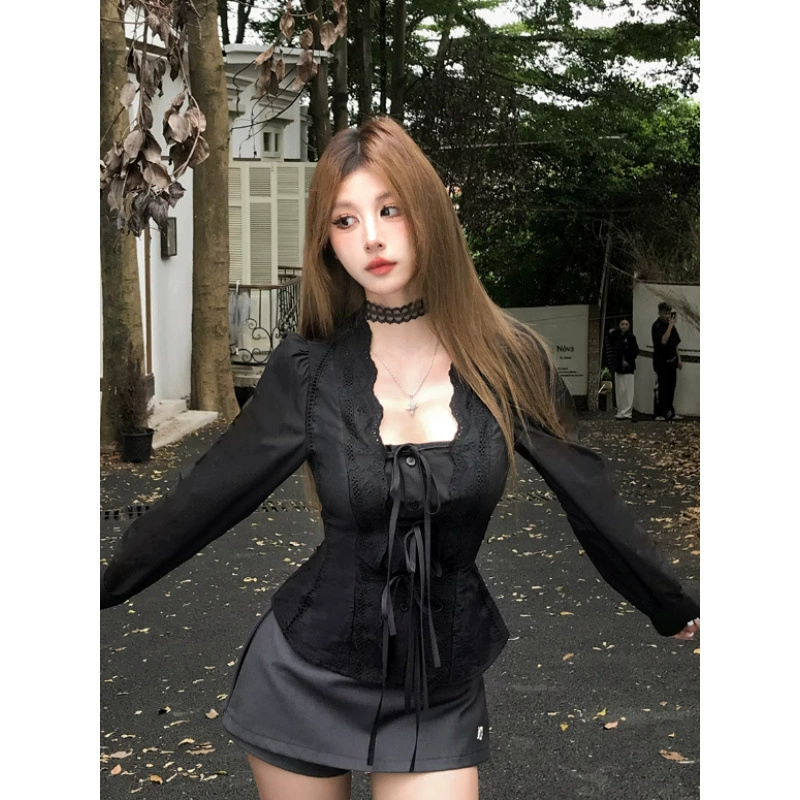 Женская осенняя рубашка, plus-size, чёрная, шнуровка спереди, до 4XL