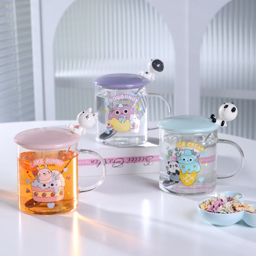 Creativo de dibujos animados tazas de animales con cubierta cuchara de oficina taza de agua con alta escala taza de vidrio de silicona personalidad