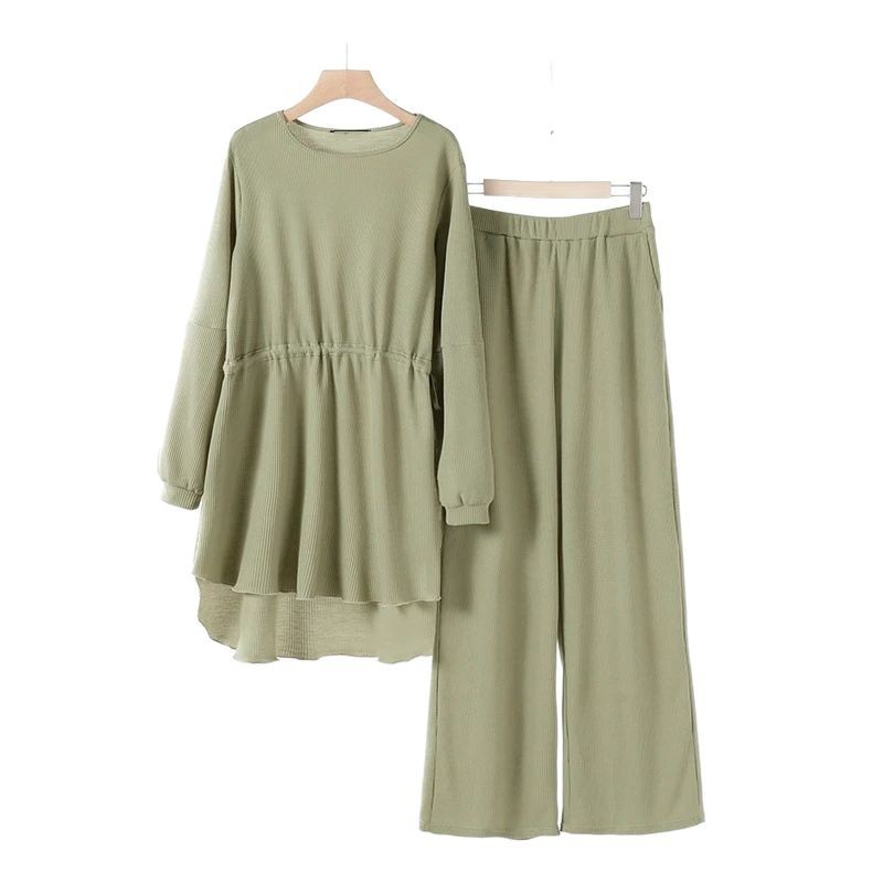 Women's 2 Piece Set Textured Solid Color Drawstring Casual Wear Top With Fashionable Elastic Waist For Autumn Holiday_voghion.com