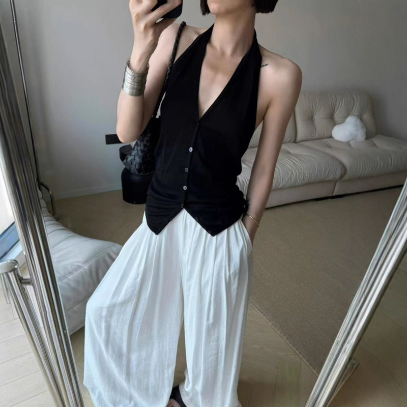 American-Style Spicy Girl Halter Neck Tank Top for Women, Summer New Single-Breasted V-Neck Sleeveless Top with Backless Slimming Spaghetti Straps