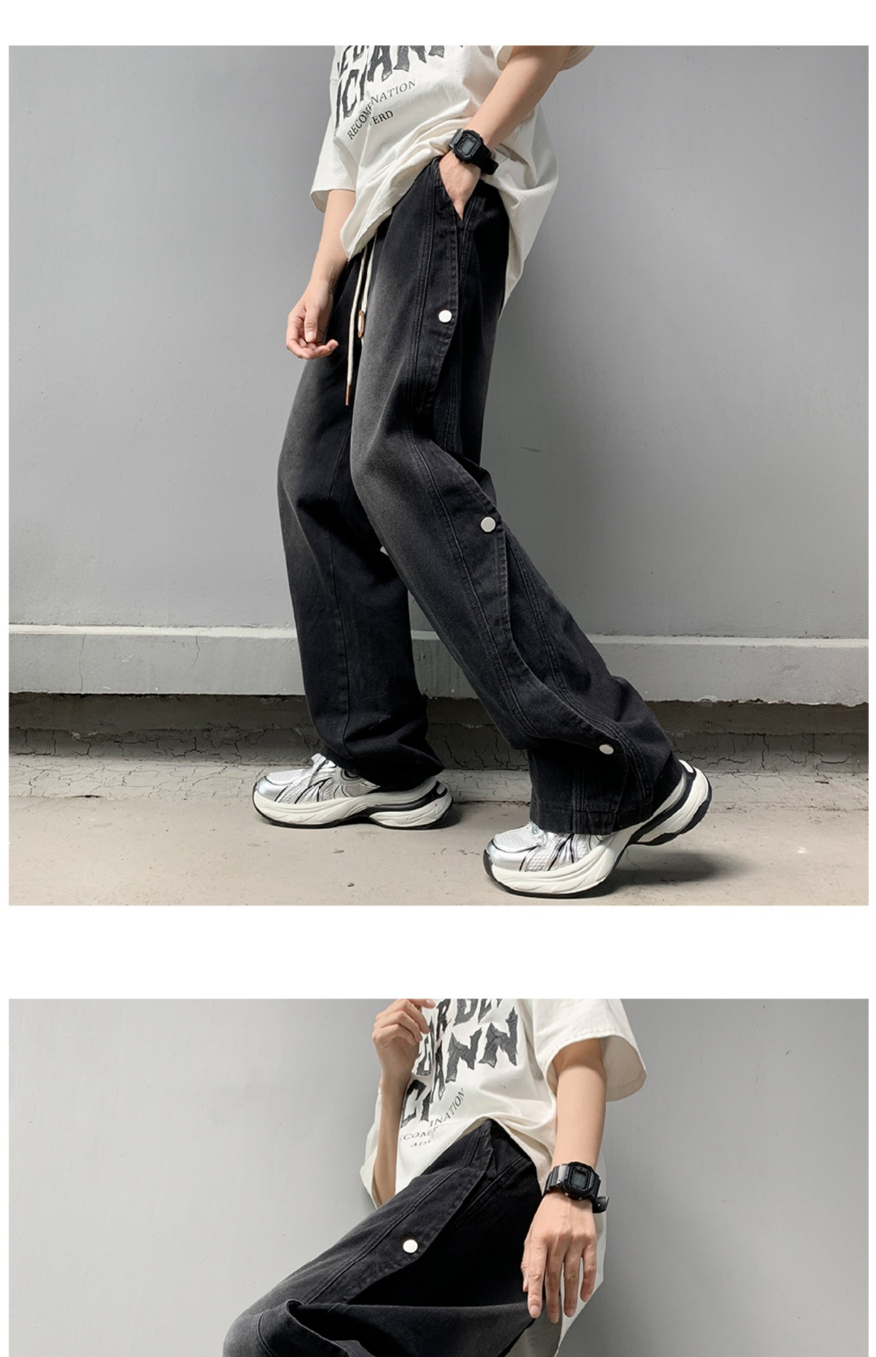Retro Light Blue Men's Jeans High Street Hip Hop Stacked Design Straight Leg Loose Fit_viptrois.com