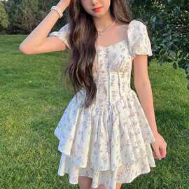 跨境2026春夏日韩时尚新款芝芝萄萄温柔少女碎花收腰显瘦女连衣裙