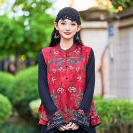 2025新款民族风复古重工刺绣马甲女文艺立领提花缎面宽松外搭背心