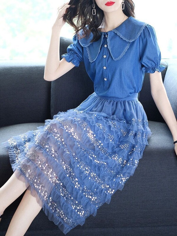 Summer Thin Doll Collar Puff Sleeve Shirt with Ruffled Sequin Cake Skirt Two-Piece Set Dress for Women