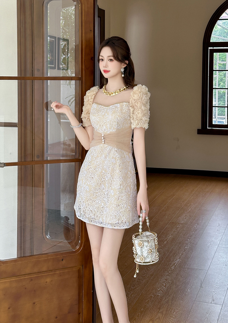 Đầm ren bodycon tay phồng đính kim cương giả nữ thanh lịch mùa hè 2026 — Màu Sâm panh chi tiết 7