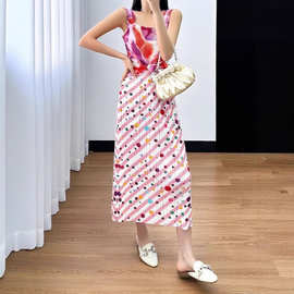 三宅2025年新款夏季彩色波点印花时尚女裙褶皱收腰显瘦高端半身裙