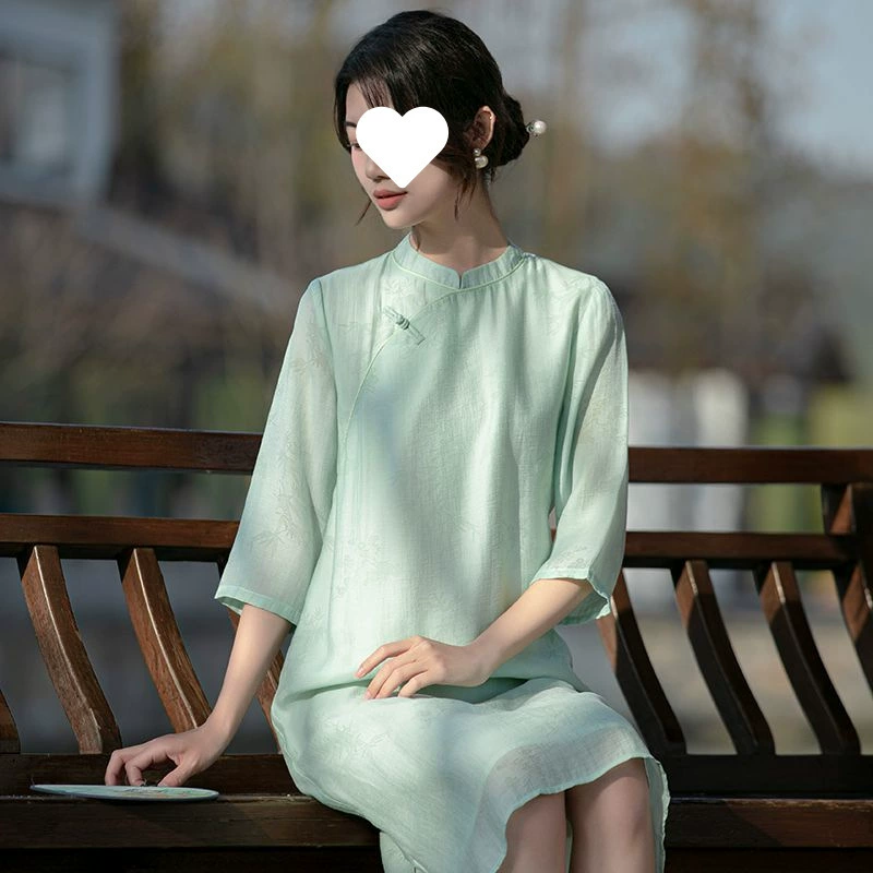 Летнее тонкое хлопковое платье из тенселя с принтом в китайском стиле, улучшенный Cheongsam в национальном стиле, маленький воротник-стойка, ретро-чайный костюм, женское платье