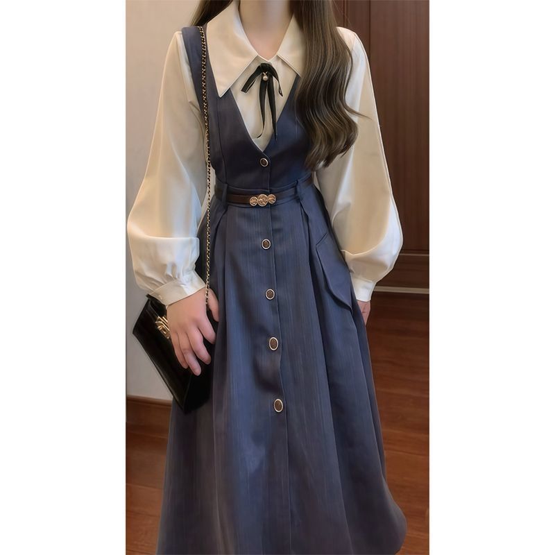 韩系学院风背心连衣裙子女早初秋新款小个子气质衬衫穿搭套装长裙|undefined