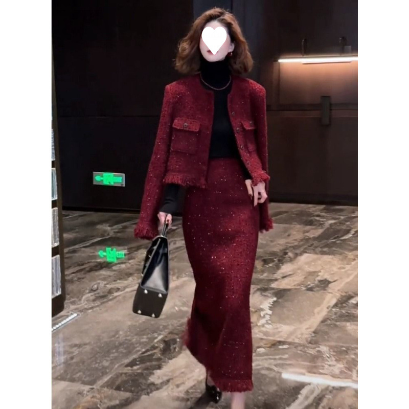 싱글 | 세트 가을과 겨울 새로운 소스 과일 붉은 향기로운 프랑스 스타일 할로윈 세트 슬리밍 세련된 우아한 투피스 세트