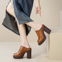 超高跟凉拖女外穿夏季新款百搭防水台增高一字拖真皮粗跟鱼嘴拖鞋