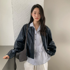 苏奈 风复古简约圆领皮衣外套女秋季潮流宽松夹克上衣fromanna