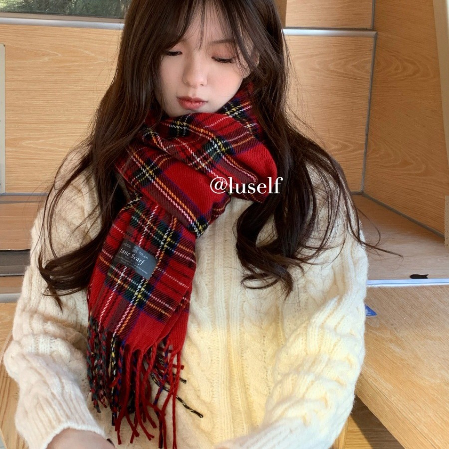 Bufanda a cuadros roja de Navidad coreana para mujer, invierno cálido, retro de alta gama, regalo de año nuevo, babero, chal para estudiantes
