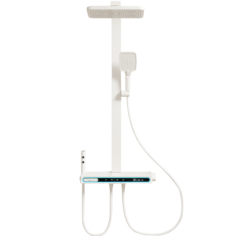 Ducha de viento crema blanco conjunto de ducha de temperatura constante ambiente inteligente lámpara de tubo cuadrado elevable baño lluvia de cobre