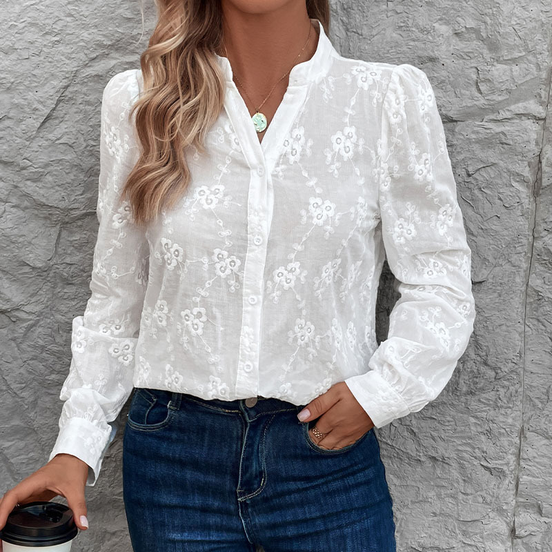 Amazon Cross-Border 2026 New Women's Cardigan Shirt Long-Sleeved Hollow Lace Top Jacquard Shirt
