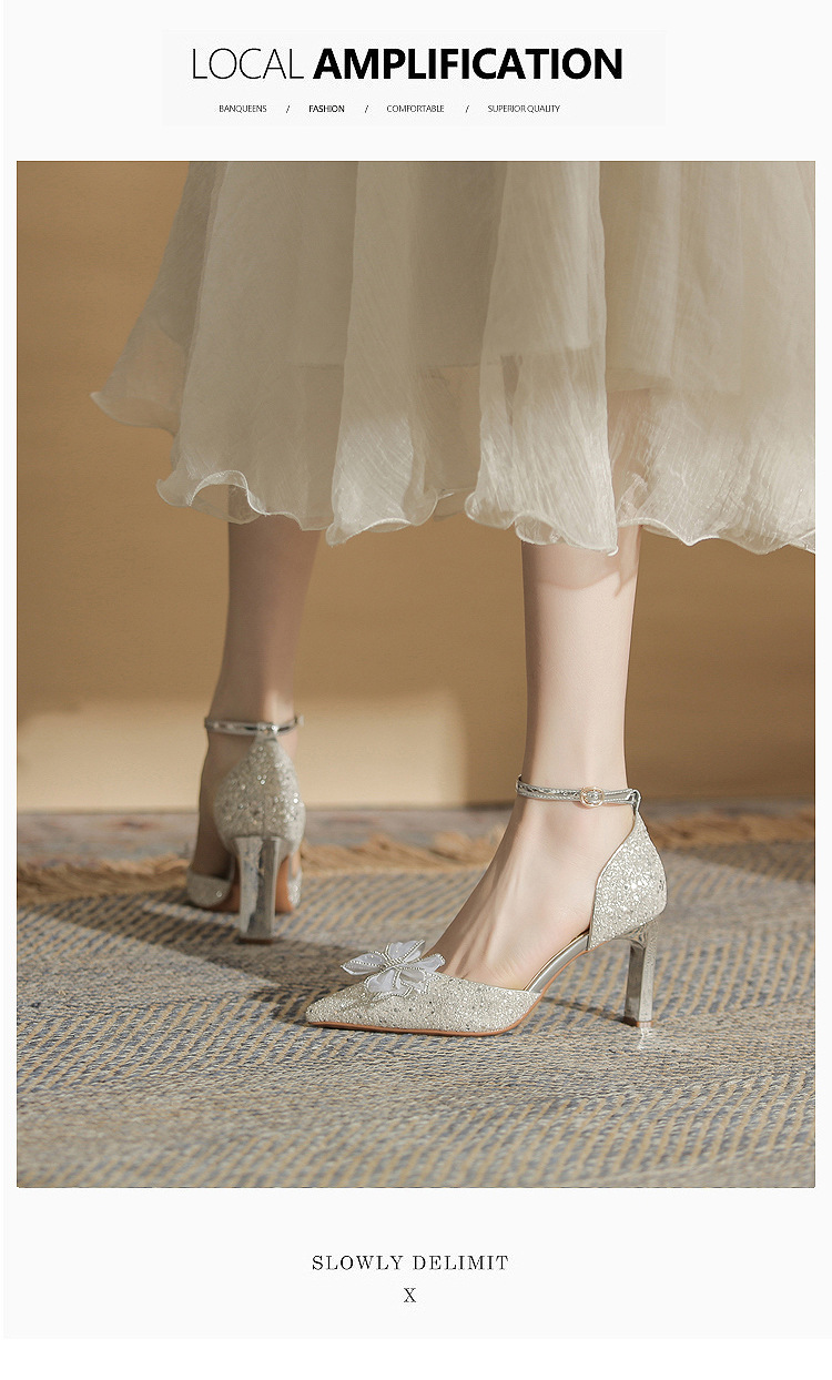 Giày sandal cao gót nữ quai ngang mũi nhọn gót nhọn CH8006-5 — Màu Sâm panh chi tiết 9