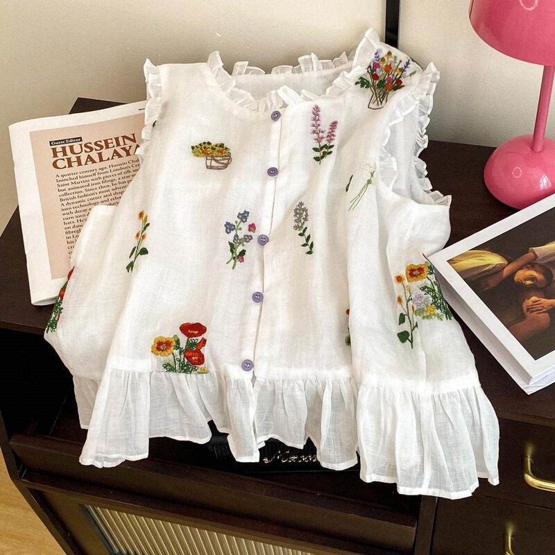 French-Style Artistic Floral Print Vest for Women, Summer Mori-Style Gentle and Elegant Short Ruffled Sleeveless Shirt