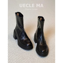 羊皮版~增高厚底短靴女小个子高跟靴子英伦马丁靴法式粗跟瘦瘦靴