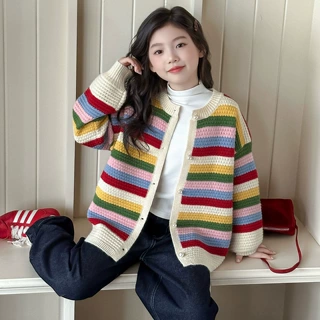 女童多巴胺彩虹条纹毛衣开衫2026秋冬新款大童韩系超好看针织外套