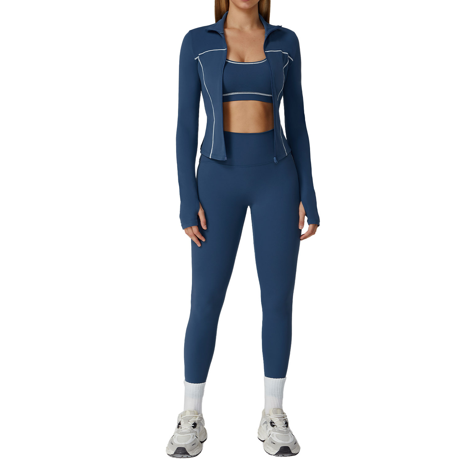 Completo yoga da donna a blocchi di colore, vestibilità slim, casual, sportivo, tre pezzi, per fitness e allenamento in palestra 2036_voghion.com