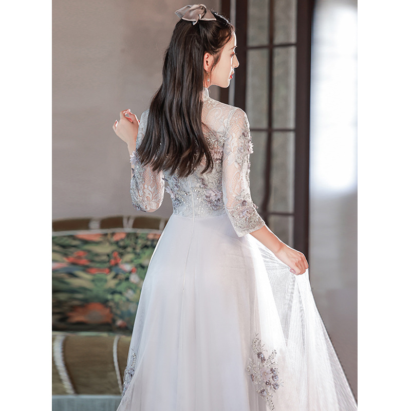 Estilo chino cheongsam vestido de compromiso para las mujeres 2024 nuevo elegante luz de lujo anfitrión bienvenida etiqueta vestido de noche arte prueba