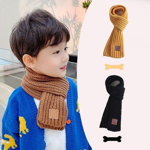 Winter Warm and Thickened Korean Style Knitted Scarf for Boys and Girls, Children's Neck Protection, Windproof Solid Color Leather Label Neck Scarf Wholesale