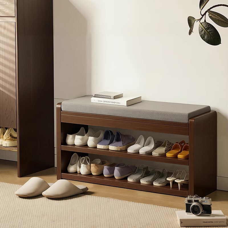 Mingzheng Furniture Factory Solid Wood Shoe Rack Multi-Layer Home Door Shoe Changing Stool Integrated Sit-Down 2025 New Entrance Door