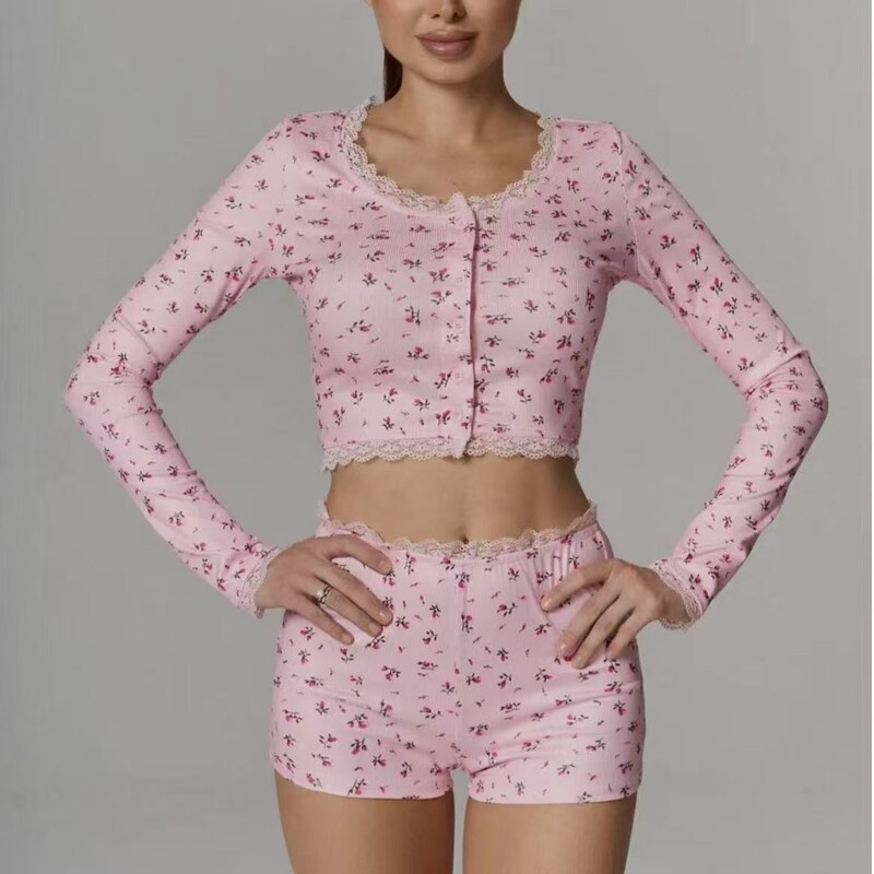 Amazon Cross-Border E-Commerce Floral Print Set Low-Cut Round Neck Tight-Fitting Simple Casual Long-Sleeved Top Loungewear