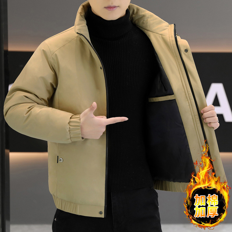겨울 새로운 2024 면 의류 남성 수직 칼라 솔리드 컬러 두꺼운 따뜻한 코튼 코트 청소년 패션 센스 재킷
