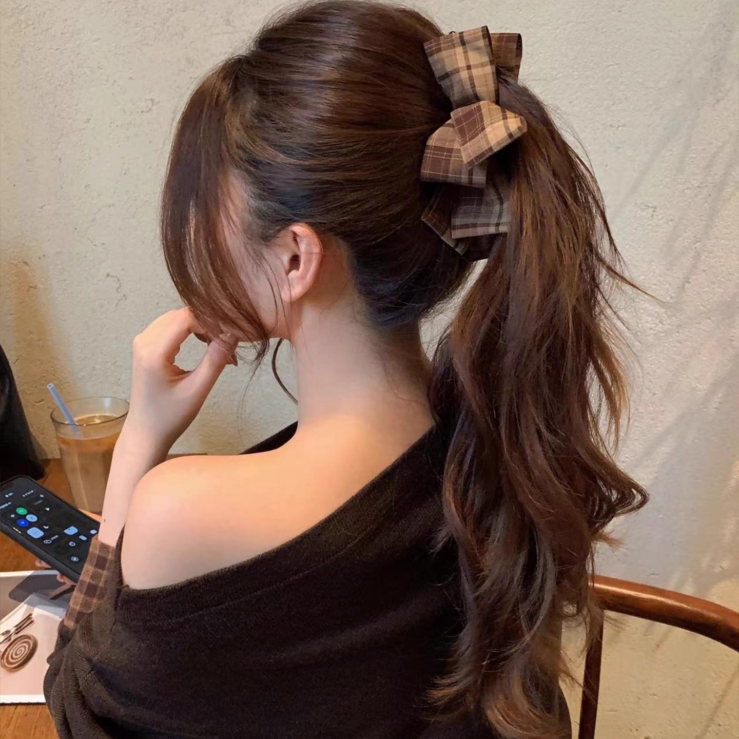 12# coffee brown plaid bow banana clip ~ 13cm