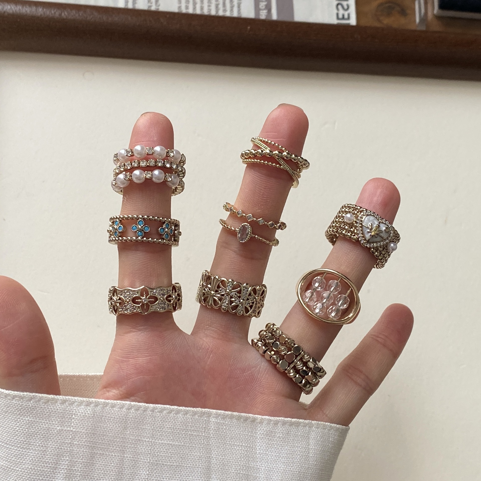 Blogger's style coffee gold heart-shaped wide minimalist pearl zircon six-pointed star personalized adjustable open index finger ring