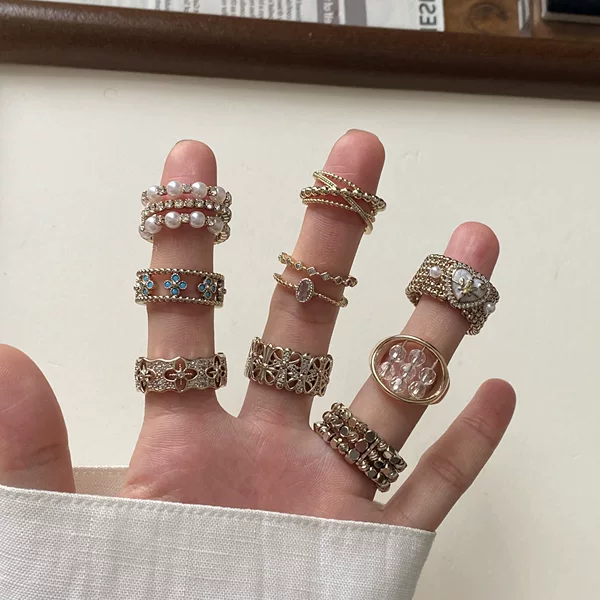 Blogger's style coffee gold heart-shaped wide minimalist pearl zircon six-pointed star personalized adjustable open index finger ring