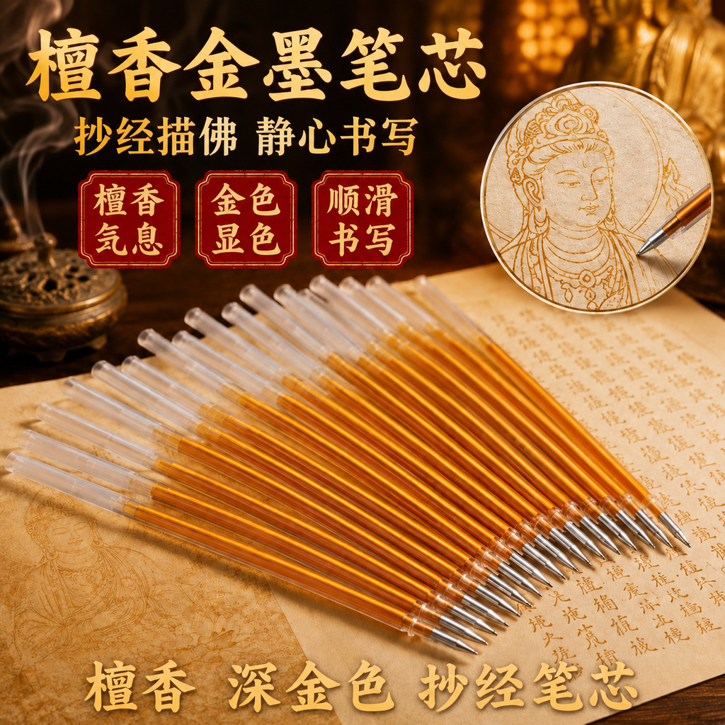 0.05 Yuan/Piece, 100 Pieces of Scripture Copying Pens with Gold Nibs, Pen Holders, Sandalwood Scent Tracing Pens, Calligraphy Pen Set Wholesale