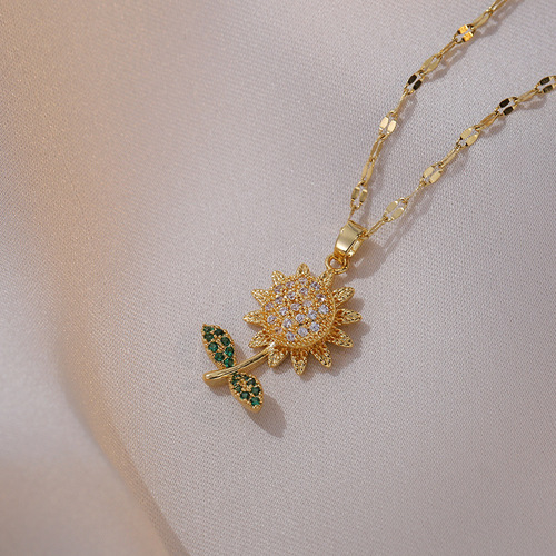 Necklace for women, fashionable and simple sunflower pendant, ins personality, trendy and versatile, titanium steel clavicle chain, exquisite zircon necklace