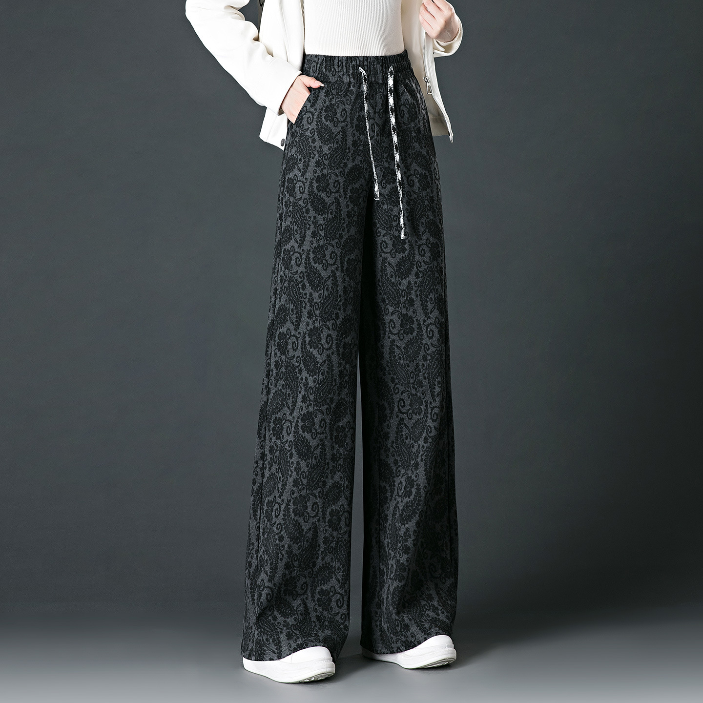 毛呢腰果花阔腿裤女加肥加大码胖MM时尚高腰宽松拖地直筒休闲长裤