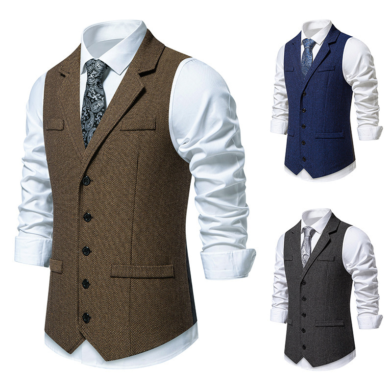 Men's Herringbone Autumn and Winter Tweed Suit Vest Retro Lapel Single-Breasted Casual Vest for Men