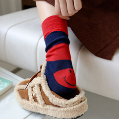 Japanese-style trendy socks by Hirata: Red & Color-Block Striped Unisex Mid-Calf Socks with BFF Design and Smiling Face on the Heel—Cotton Athletic Crew Socks