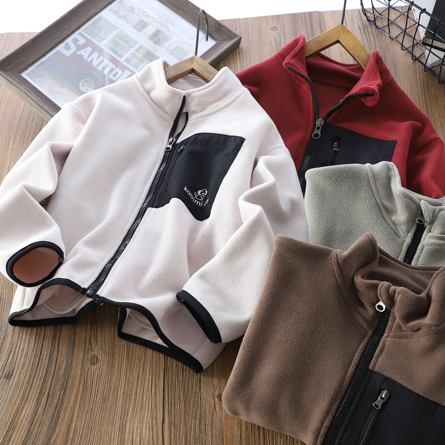 儿童秋冬新款加厚一体绒开衫中大童拉链外套纯色立领双面绒保暖潮