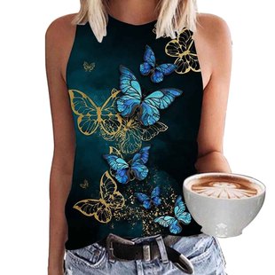 Foreign Trade AliExpress Summer New Women's Round Neck T-shirt Vest Casual Butterfly Printed T-shirt European and American Women's Top