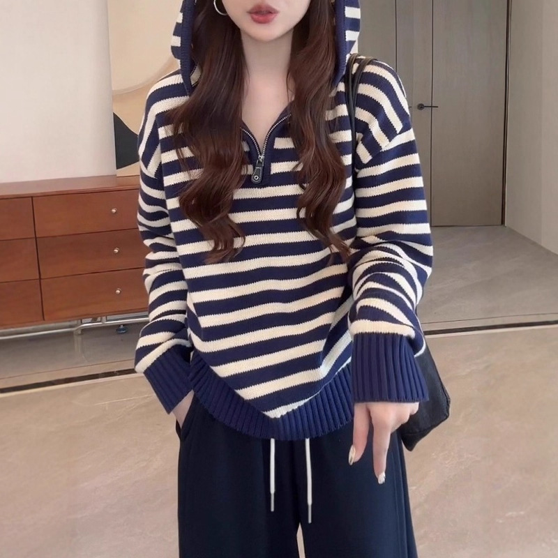 Striped Hooded Long-Sleeve Knit Sweater for Women, 2026 Autumn New Half-Zip Pullover Hoodie, Slim-Fit Top Sweatshirt Striped Hooded Long-Sleeve Knit Sweater for Women, 2026 Autumn New Half-Zip Pullover Hoodie, Slim-Fit Top Sweatshirt