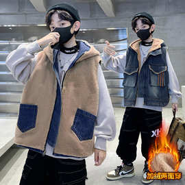 男童两面穿奥粒绒牛仔马甲2024冬季新款连帽加厚休闲马甲一件代发