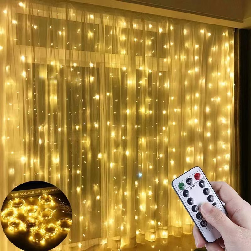 Solar LED cortina lámpara de alambre de cobre 3 * 3m ocho funciones de control remoto estrella iluminación decoración de navidad cadena de luces