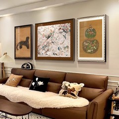 中古风客厅装饰画2025新款沙发背景墙挂画高级感抽象艺术三联壁画